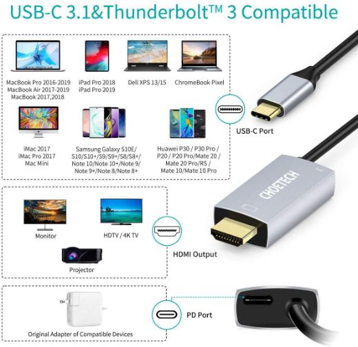 Picture of Choetech USB-C to HDMI + PD Cable 1.8M - Black