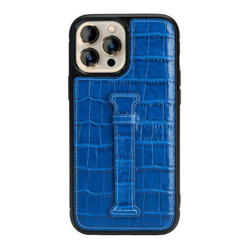 Picture of Gold Black Leather Case with Finger Holder for iPhone 13 Pro  - Croco Blue