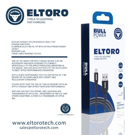 Picture of Eltoro Kevlar USB-A to Lightning Cable 1M with Nylon PP Yarn Jacket - Black