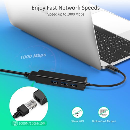 Picture of Choetech USB-C to 3 USB3.0 + RJ - Black