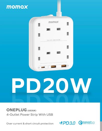 Picture of Momax OnePlug PD20W 2A1C 4 Outlet Strip - White