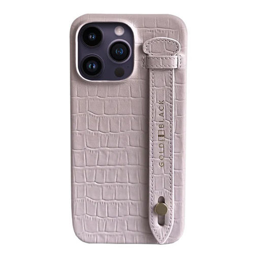 Picture of Gold Black Slim Leather Case with Finger Strap Croco for iPhone 14 Pro Max - Salmon Pink