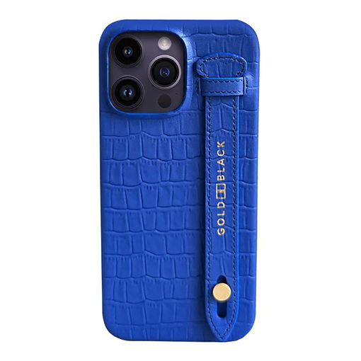 Picture of Gold Black Slim Leather Case with Finger Strap Croco for iPhone 14 Pro Max - Blue