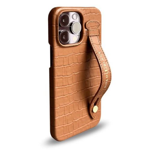 Picture of Gold Black Slim Leather Case with Finger Strap Croco for iPhone 14 Pro Max - Brown