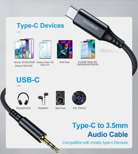 Picture of Choetech USB-C to 3.5mm dc Audio Cable - Black