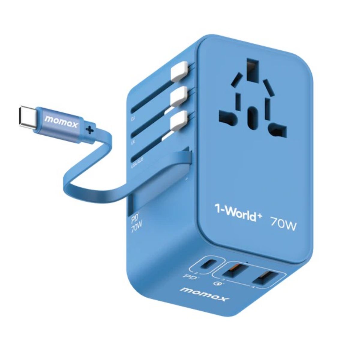 Picture of Momax 1-World Plus 70W GaN 3-Ports Built-in USB-C Cable AC Travel Adaptor - Blue