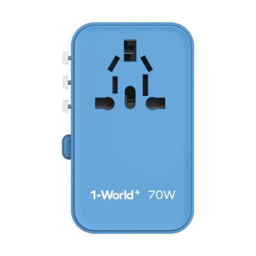 Picture of Momax 1-World Plus 70W GaN 3-Ports Built-in USB-C Cable AC Travel Adaptor - Blue