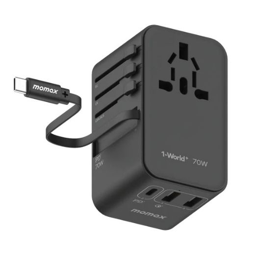 Picture of Momax 1-World Plus 70W GaN 3-Ports Built-in USB-C Cable AC Travel Adaptor - Black