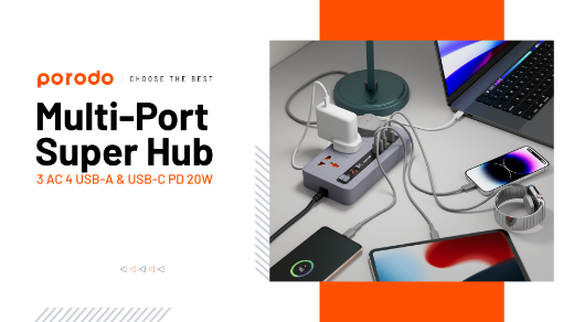 Picture of Porodo Multi-Port Power HUB 4 USB-A/USB-C Ultimate Home & Office Kit 2M (18W USB QC3.0 / 20W USB-C PD) - Gray