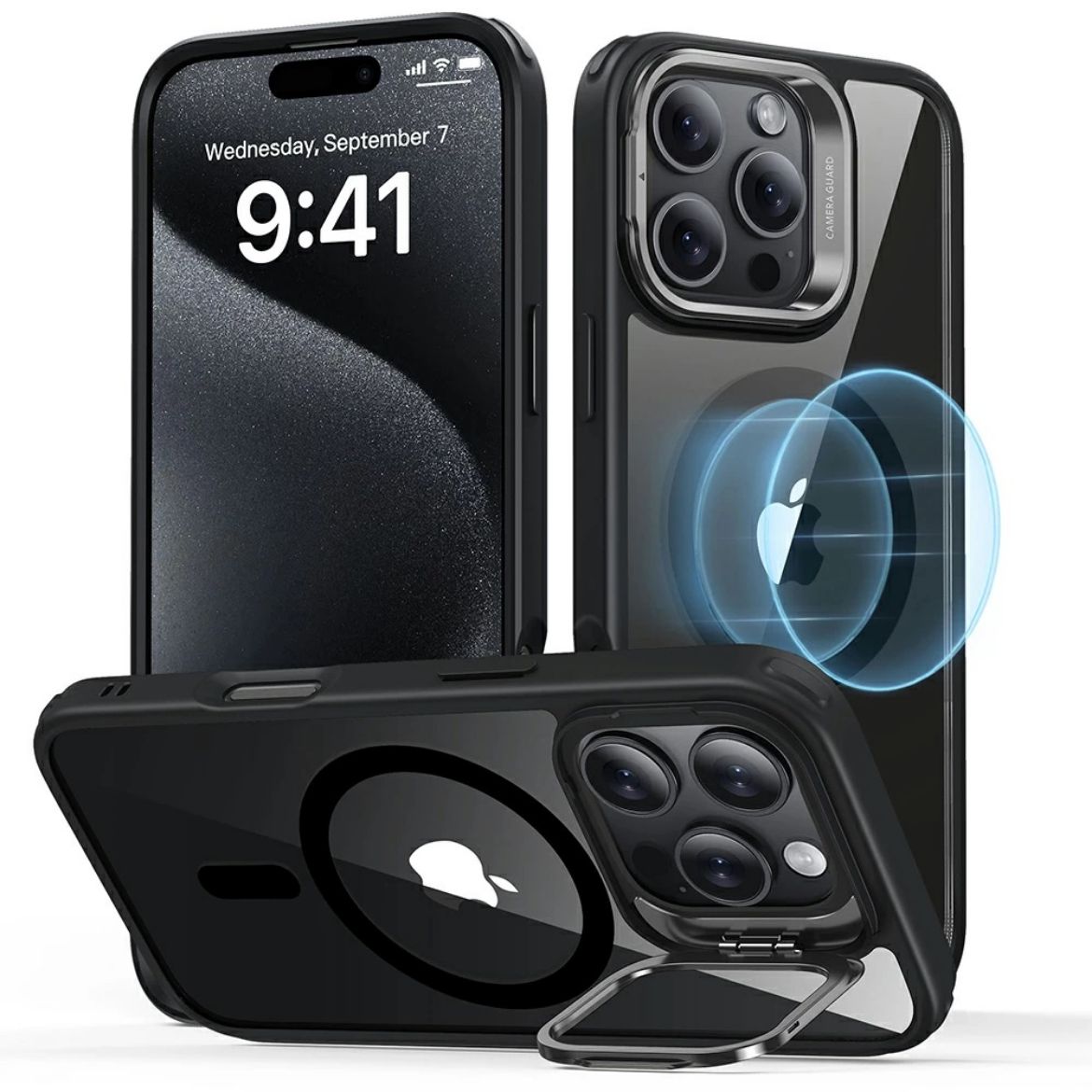 Picture of ESR Classic Hybrid HaloLock with Stand Case for iPhone 16 Pro - Clear/Black