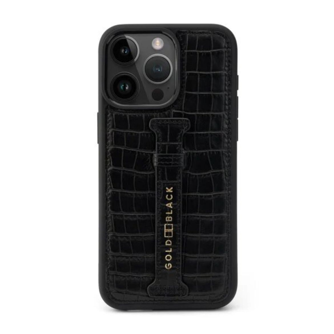 Picture of Gold Black CrocPrestige with Fingerstrap Case for iPhone 16 Pro - Black