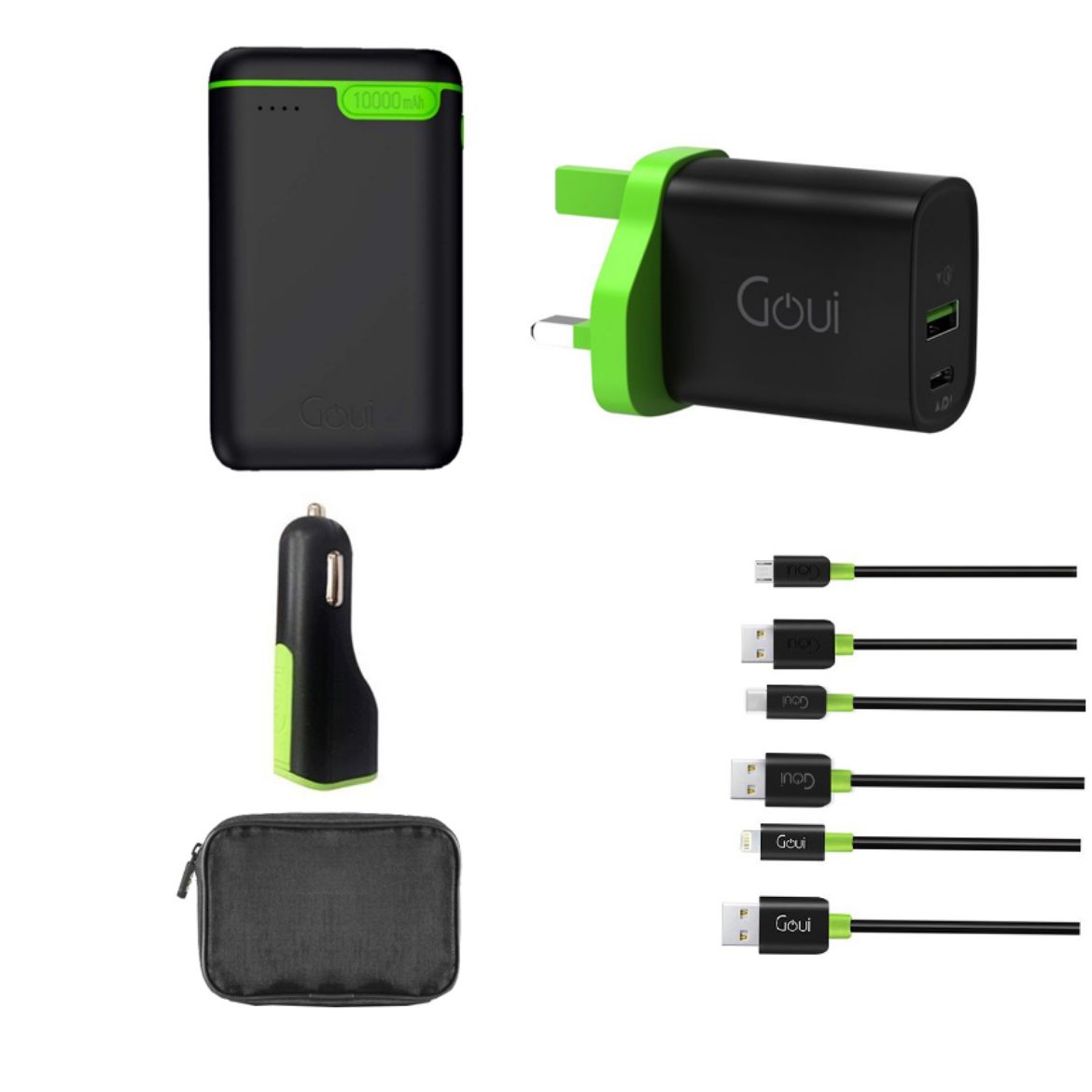 Picture of Goui Bundle Kigo 10000mAh,Home Charger 20,Car Charger,iPhone Cable,Typ C Cable, Micro,Bag