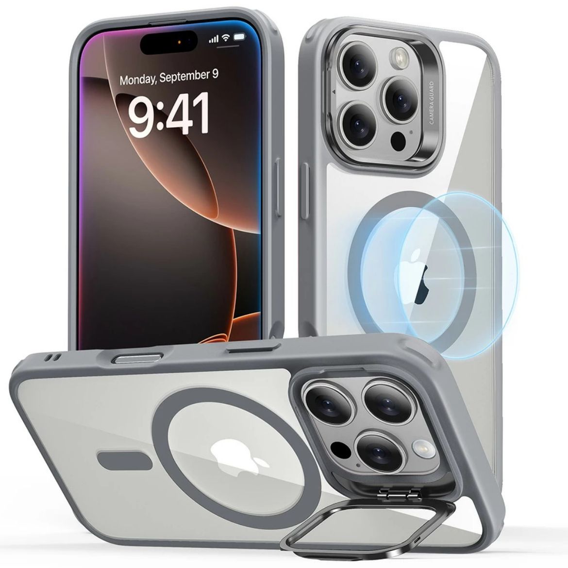 Picture of ESR Classic Hybrid HaloLock with Stash Stand Case for iPhone 16 Pro - Clear/Gray