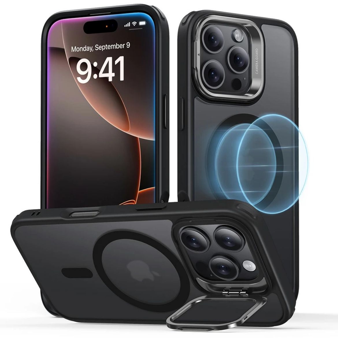 Picture of ESR Classic Hybrid HaloLock with Stash Stand Case for iPhone 16 Pro - Frosted Black