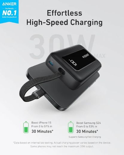 Picture of Anker Zolo Power Bank (10K, 30W, Built-In USB-C Cable) - Black