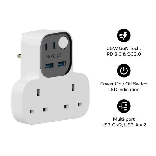 Picture of Momax 1-Charge Work Flow T-shaped Extention 2 Socket with USB - White