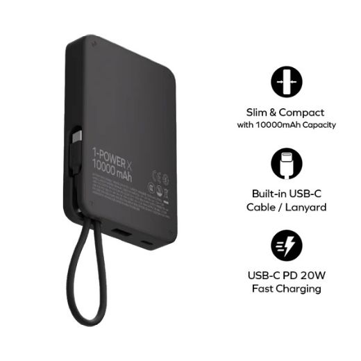 Picture of Momax 1-Power X Battery Pack 10000mAh with Built-in USB-C Cable - Black