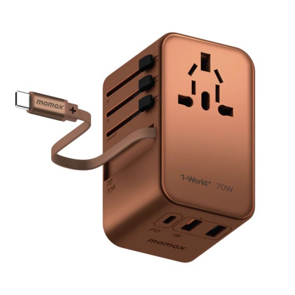 Picture of Momax 1-World Plus 70W GaN 3-Ports Built-in USB-C Cable AC Travel Adaptor - Desert Titanium