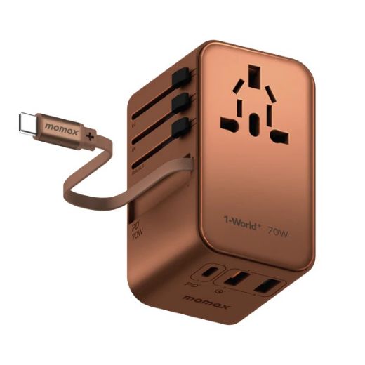 Picture of Momax 1-World Plus 70W GaN 3-Ports Built-in USB-C Cable AC Travel Adaptor - Desert Titanium