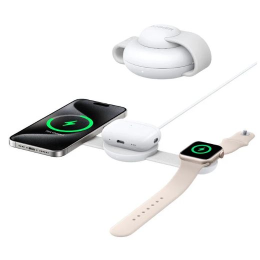 Picture of Anker MagGo Wireless Charging Station (3-in-1, Foldable Pad) with Adapter and Cable - White