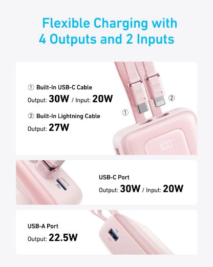 Picture of Anker Zolo Power Bank (20K, 30W, Built-In USB-C and Lightning Cable) - Pink