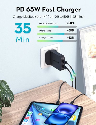 Picture of Ravpowe 65W USB-C 3 Ports Wall Charger - Black