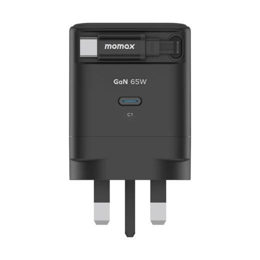 Picture of Momax 1-Charge+ 1-Port GaN 65W Charger with Retractable USB-C Cable - Black