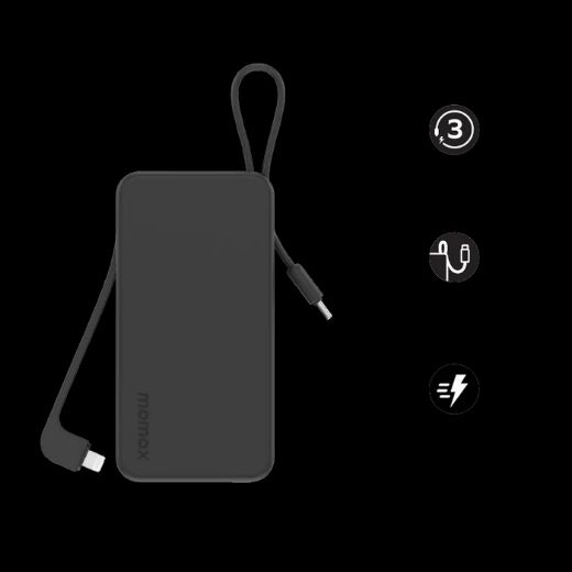 Picture of Momax 1-Power Vital Power Bank 10000mAh With Built In USB-C & Lightning Cable - Black