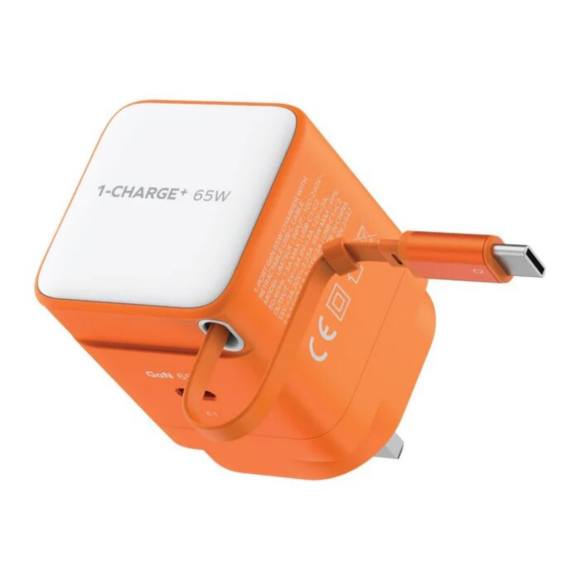 Picture of Momax 1-Charge+ 1 Port GaN 65W Charger with Retractable USB-C Cable - Orange