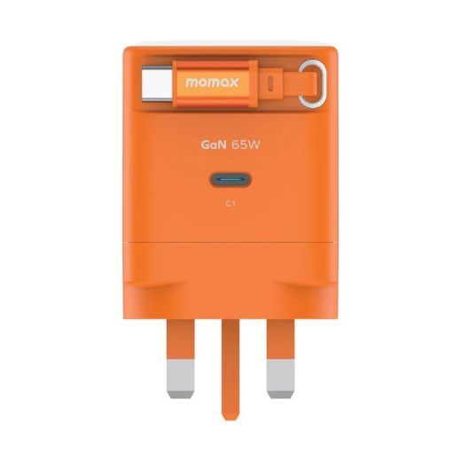 Picture of Momax 1-Charge+ 1 Port GaN 65W Charger with Retractable USB-C Cable - Orange