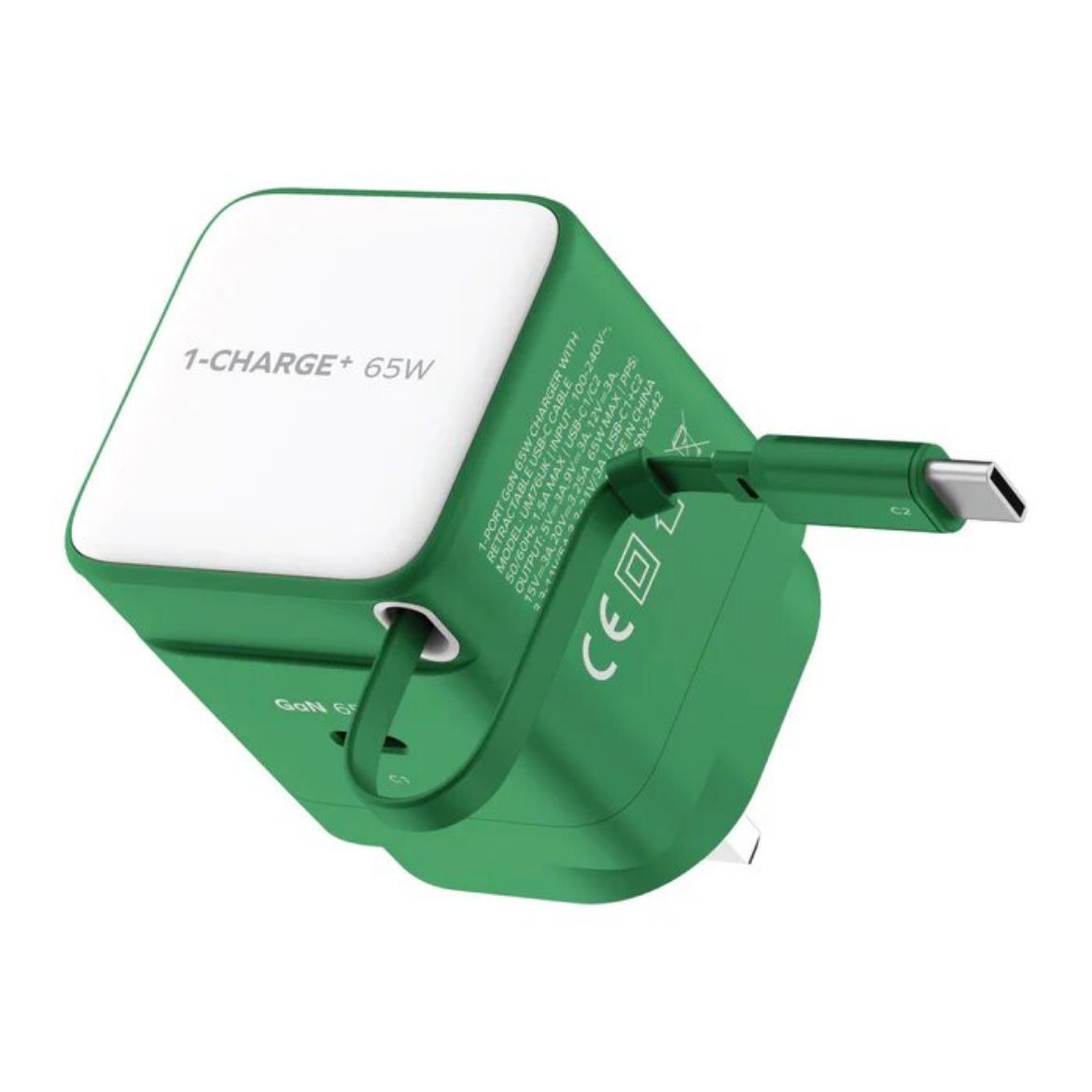 Picture of Momax 1-Charge+ 1 Port GaN 65W Charger with Retractable USB-C Cable - Green